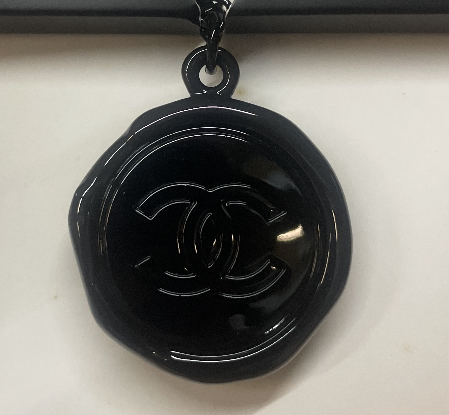 Chanel Wax-Seal style key Ring or Bag Charm with black chain